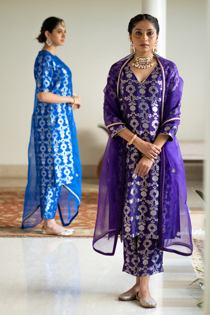 Blue Brocade Jaal Kurta Set