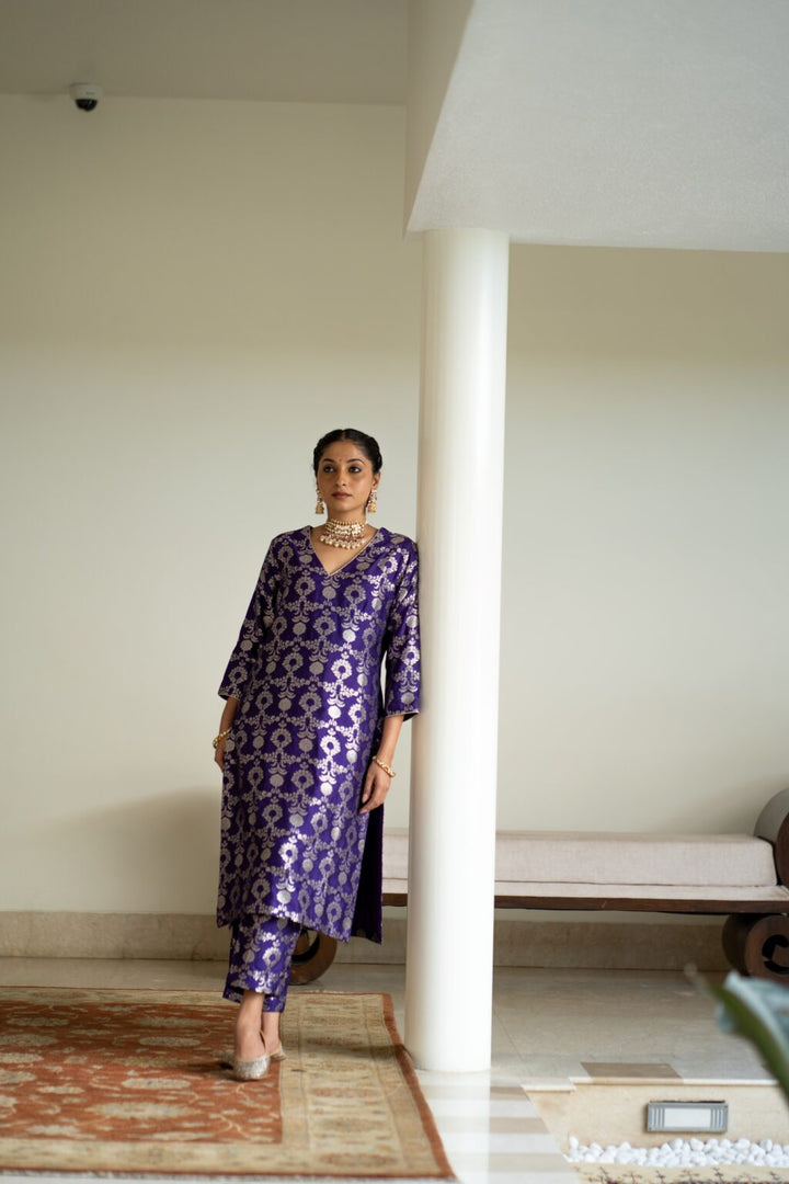 Purple Brocade Jaal Kurta Set
