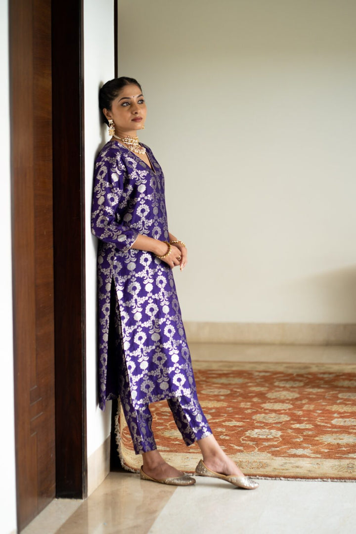 Purple Brocade Jaal Kurta Set
