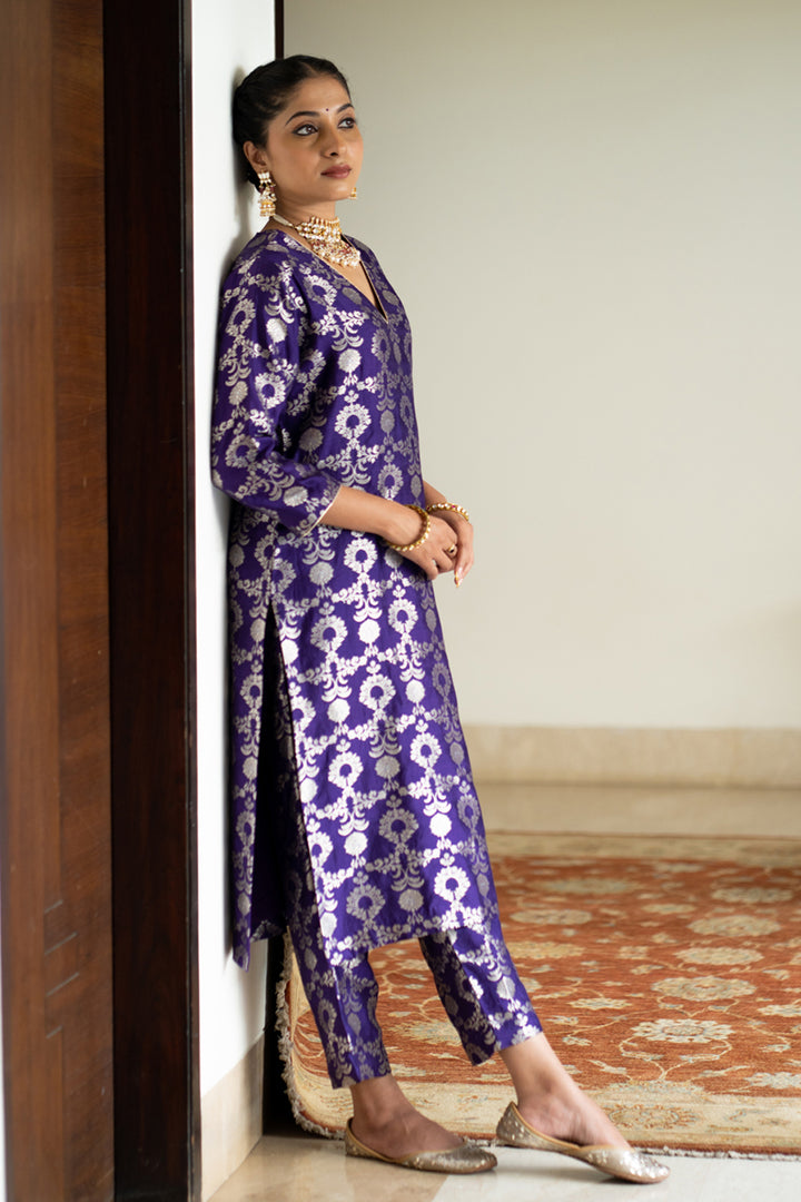 Purple Brocade Jaal Kurta Set