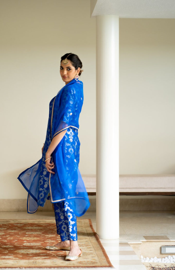 Blue Brocade Jaal Kurta Set