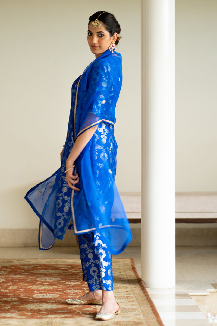 Blue Brocade Jaal Kurta Set