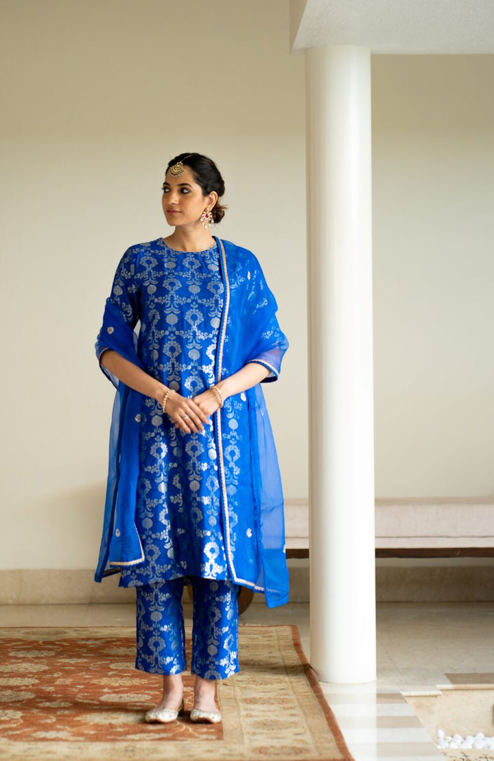 Blue Brocade Jaal Kurta Set