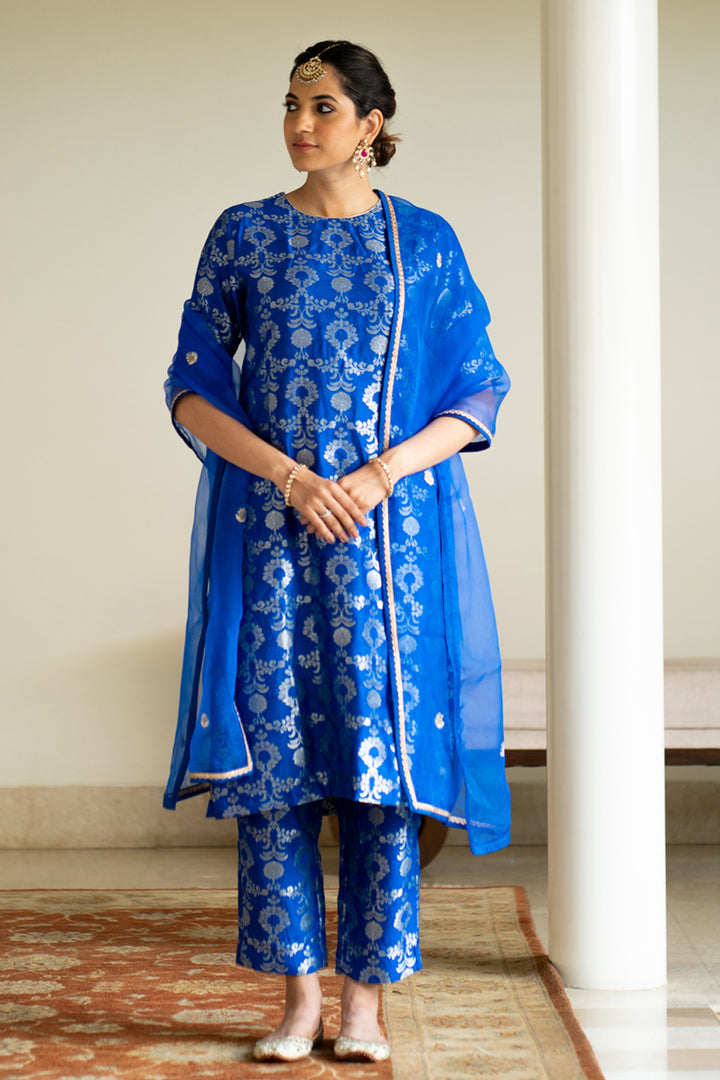 Blue Brocade Jaal Kurta Set