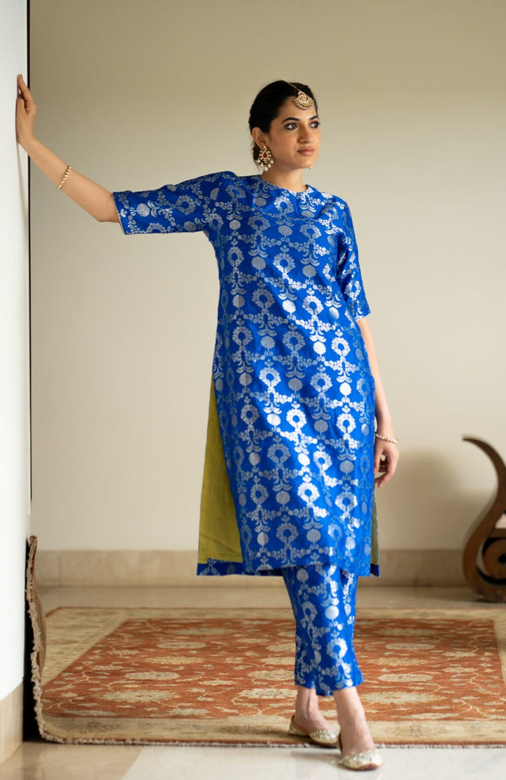 Blue Brocade Jaal Kurta Set