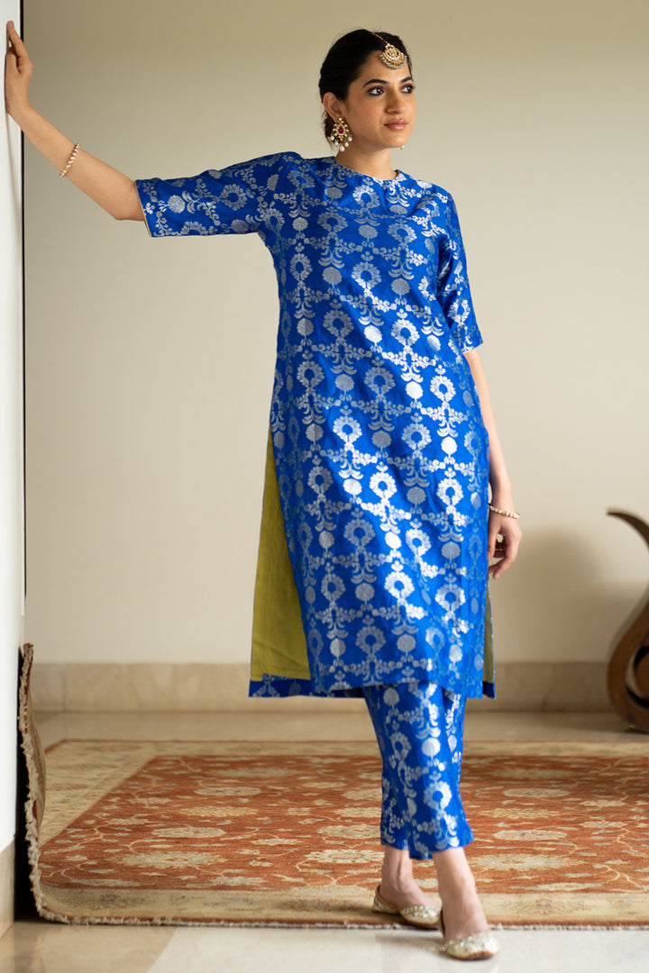 Blue Brocade Jaal Kurta Set