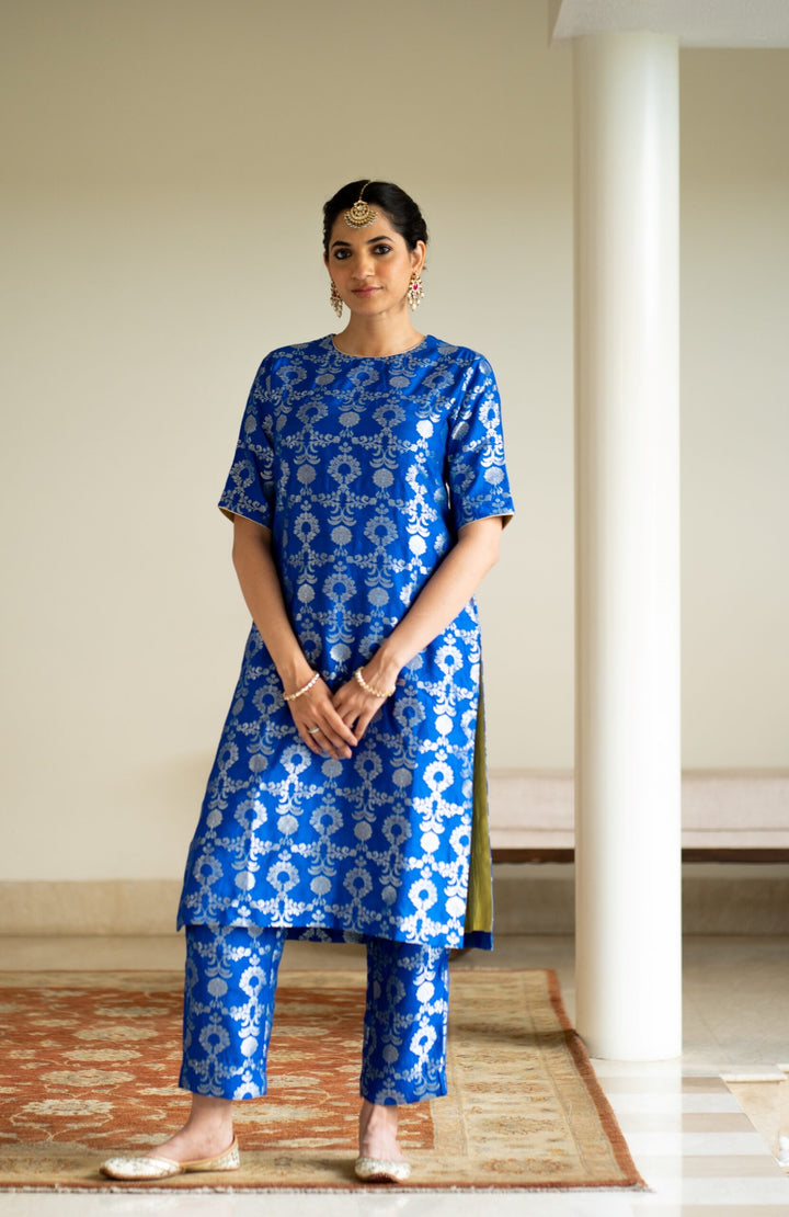 Blue Brocade Jaal Kurta Set