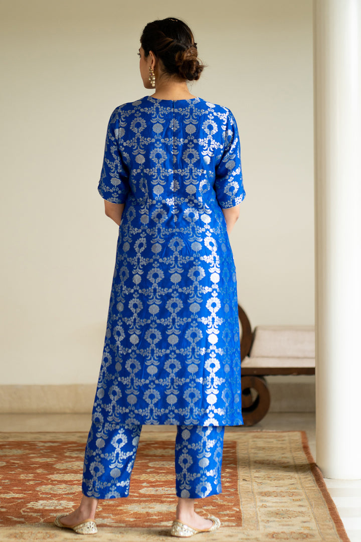 Blue Brocade Jaal Kurta Set