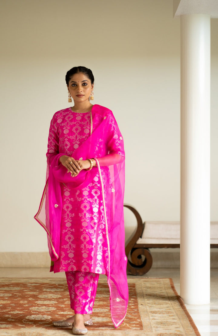 Pink Brocade Jaal Kurta Set