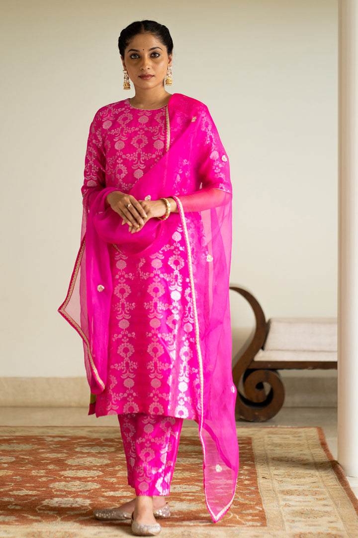 Pink Brocade Jaal Kurta Set