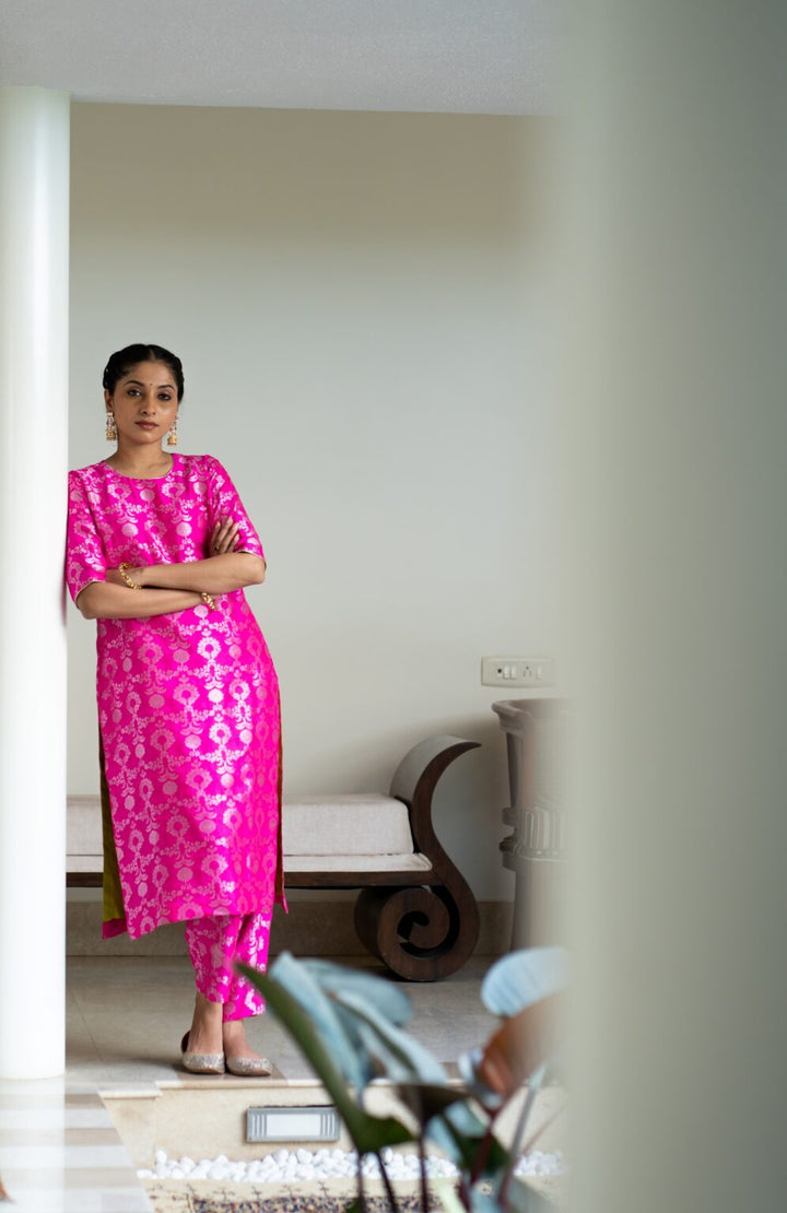 Pink Brocade Jaal Kurta Set