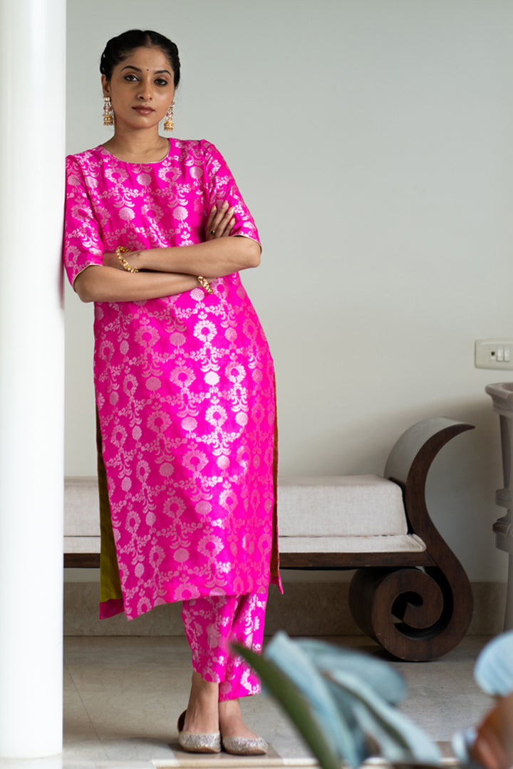 Pink Brocade Jaal Kurta Set