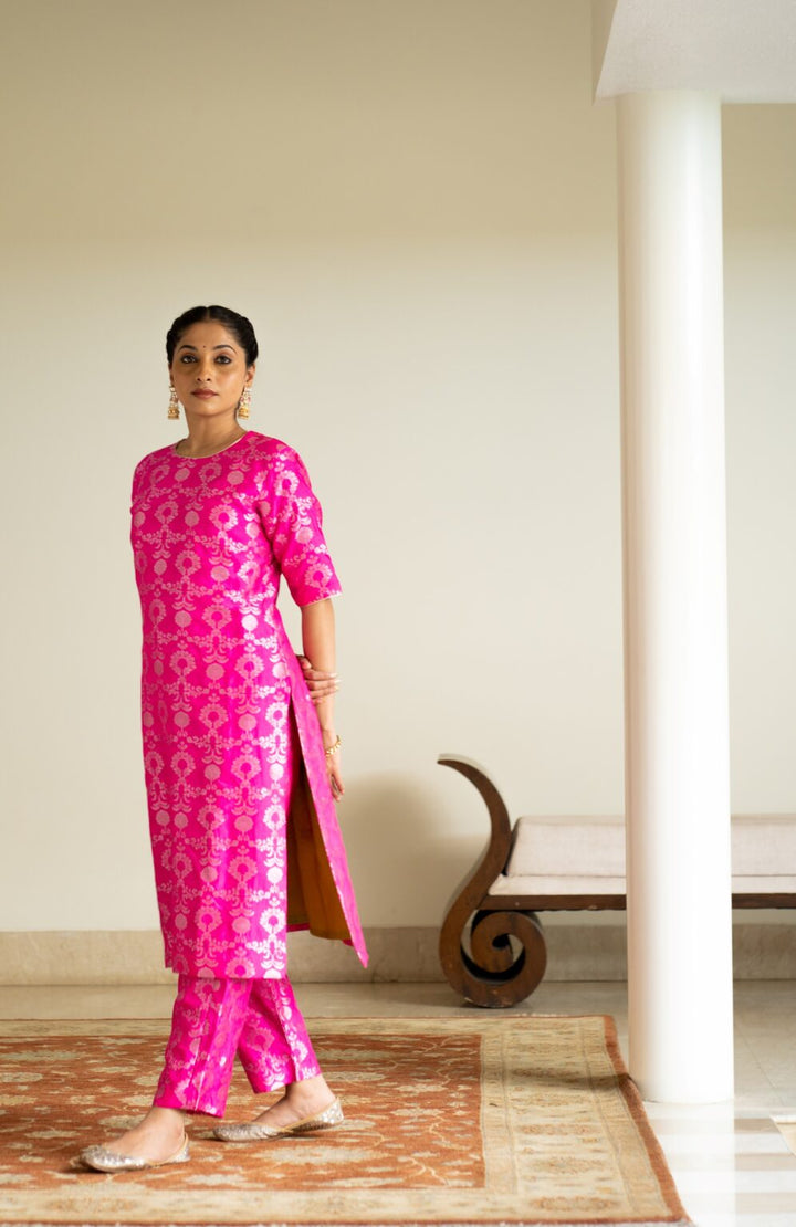 Pink Brocade Jaal Kurta Set
