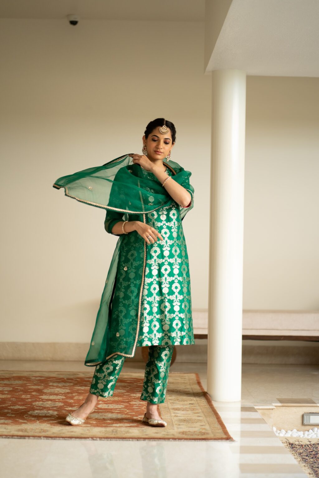 Green Brocade Jaal Kurta Set