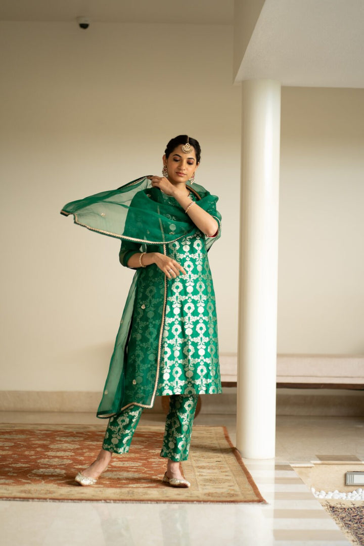 Green Brocade Jaal Kurta Set