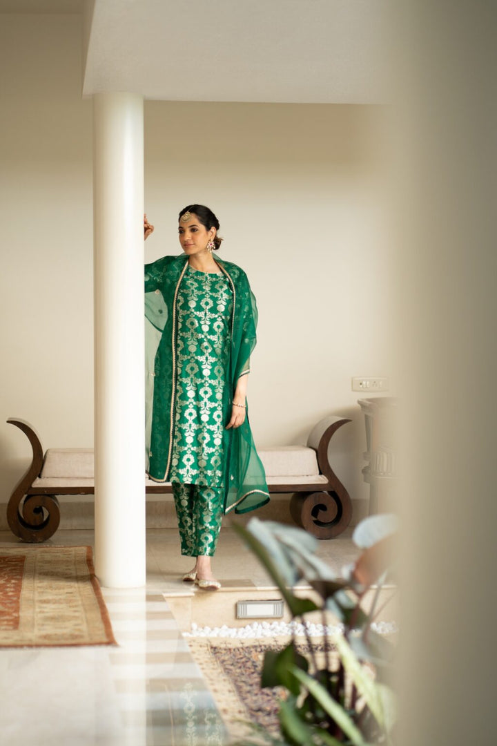 Green Brocade Jaal Kurta Set