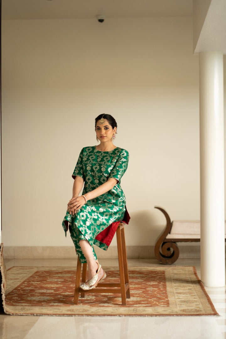 Green Brocade Jaal Kurta Set