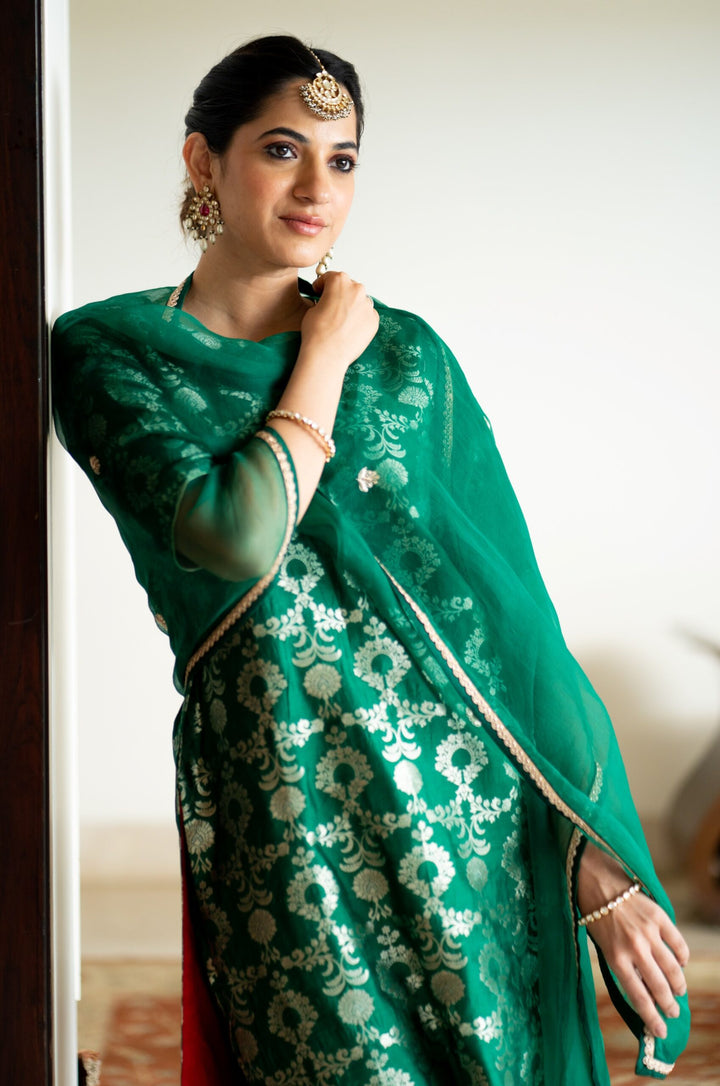 Green Brocade Jaal Kurta Set