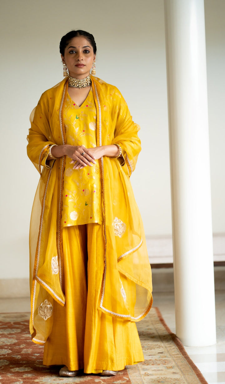 Yellow Floral Jaal Short Kurta Set