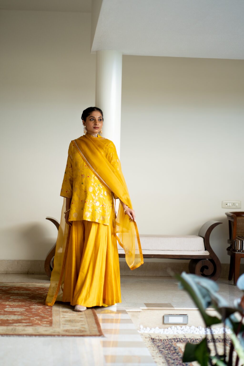 Yellow Floral Jaal Short Kurta Set
