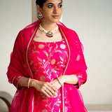 Pink Floral jaal Brocade short kurta set