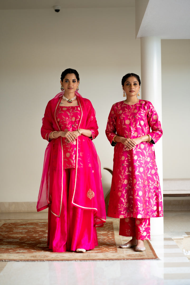 Pink Floral Jaal Brocade Short Kurta Set