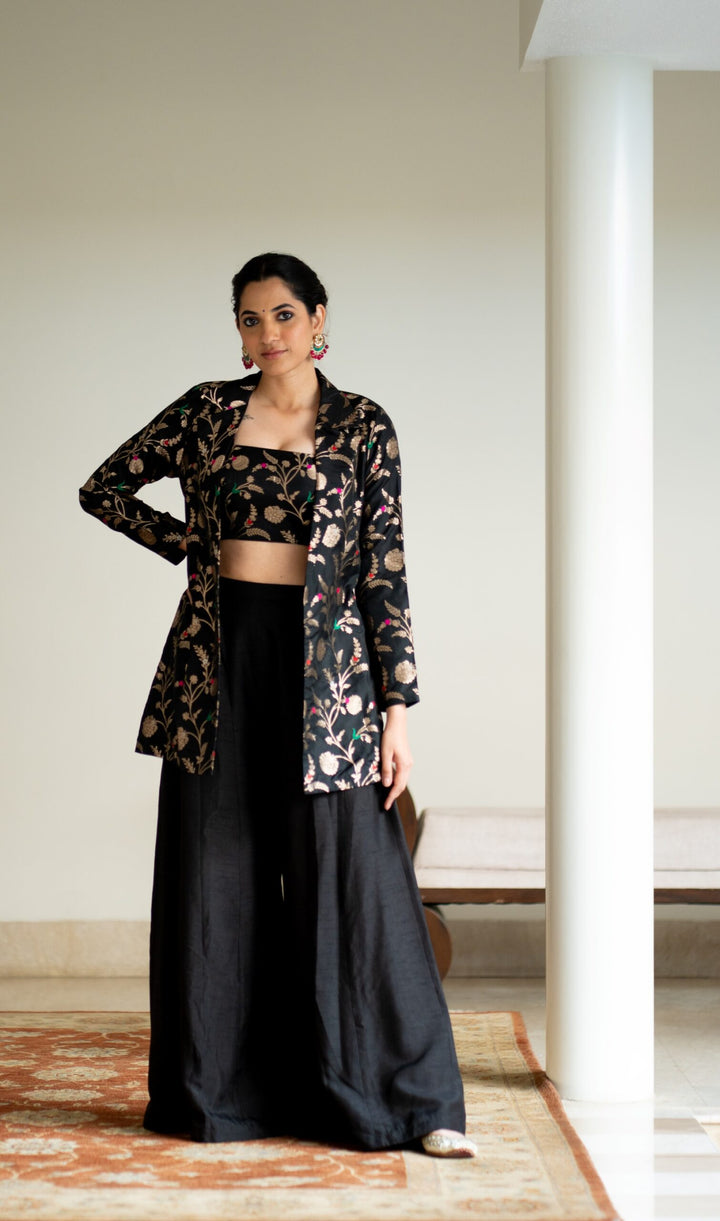 Black Brocade Jacket Crop Top Fusion Set