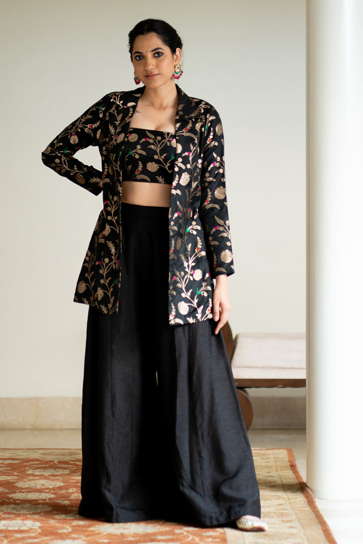 Black Brocade Jacket Crop Top Fusion Set