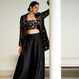 Black brocade jacket crop top fusion set