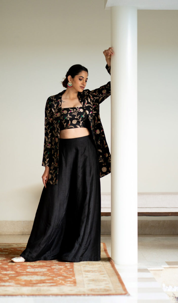 Black Brocade Jacket Crop Top Fusion Set