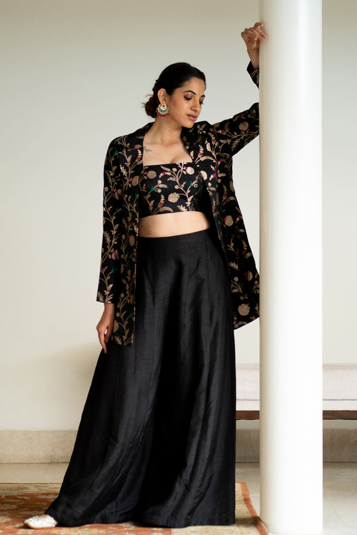 Black Brocade Jacket Crop Top Fusion Set