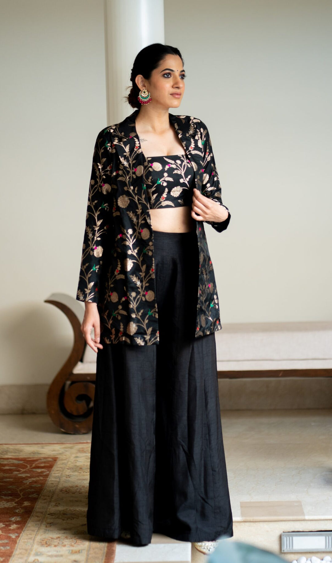 Black Brocade Jacket Crop Top Fusion Set