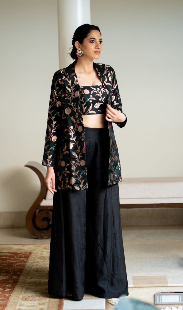 Black Brocade Jacket Crop Top Fusion Set