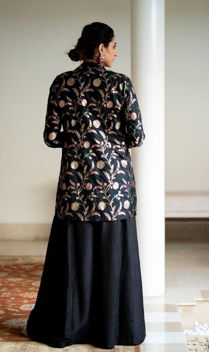 Black Brocade Jacket Crop Top Fusion Set
