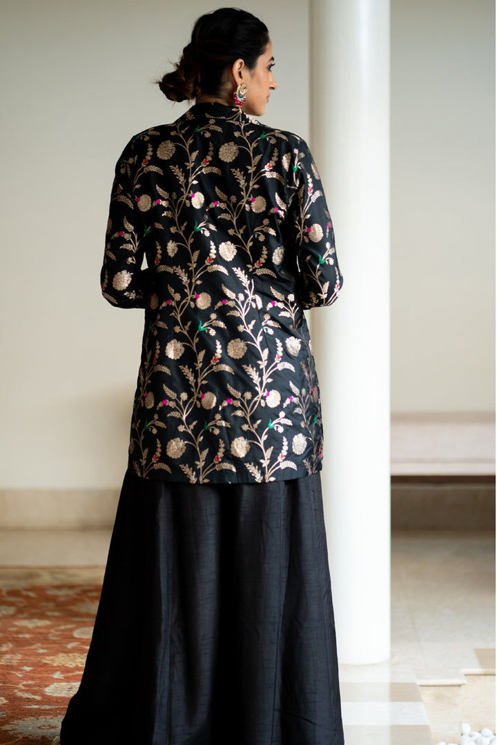 Black Brocade Jacket Crop Top Fusion Set