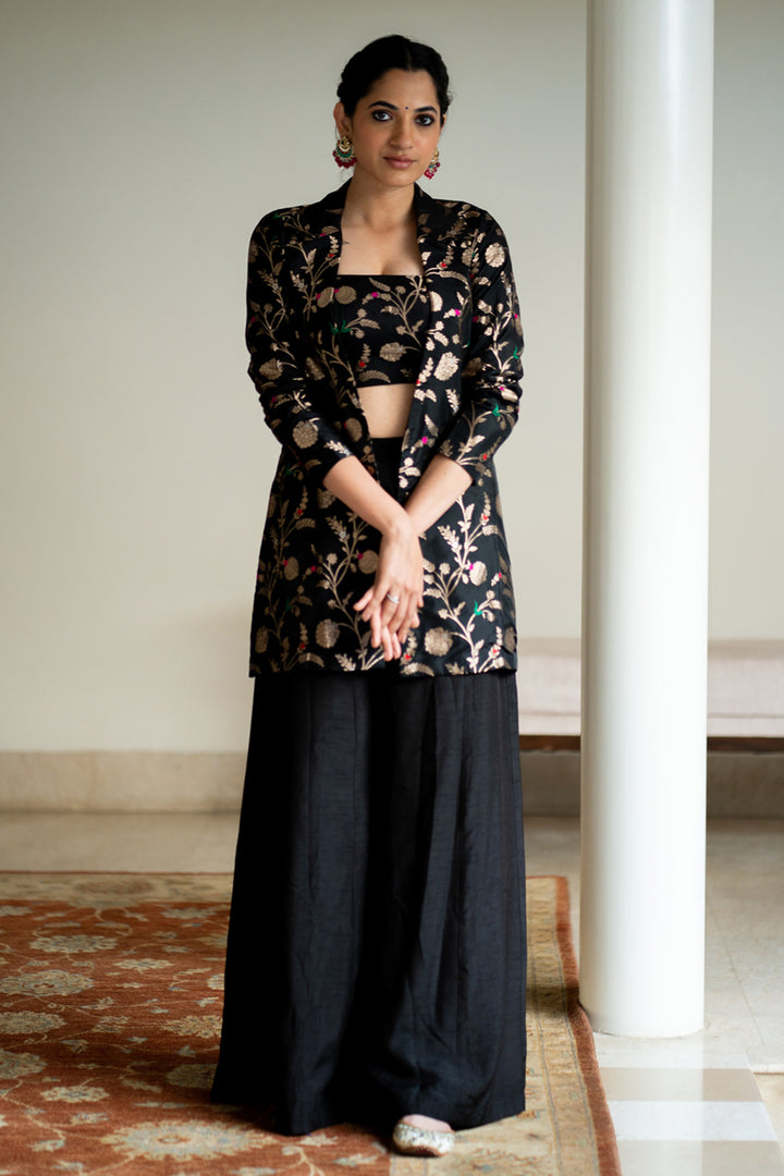 Black Brocade Jacket Crop Top Fusion Set