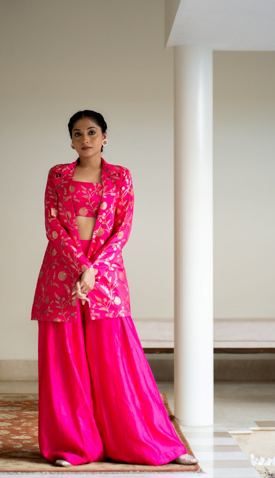 Pink Brocade Jacket Crop Top Fusion Set