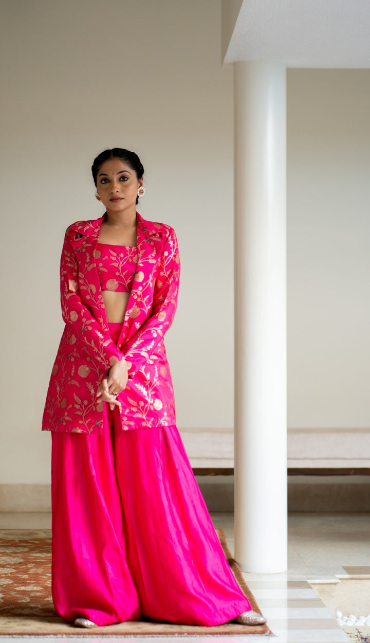 Pink Brocade Jacket Crop Top Fusion Set