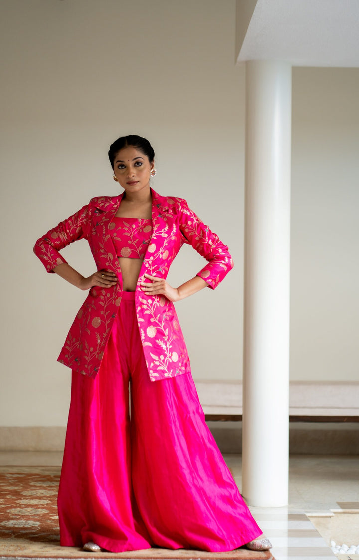 Pink Brocade Jacket Crop Top Fusion Set