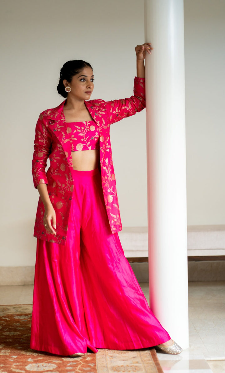 Pink Brocade Jacket Crop Top Fusion Set
