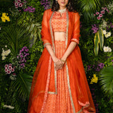 Orange Printed Lehenga Set