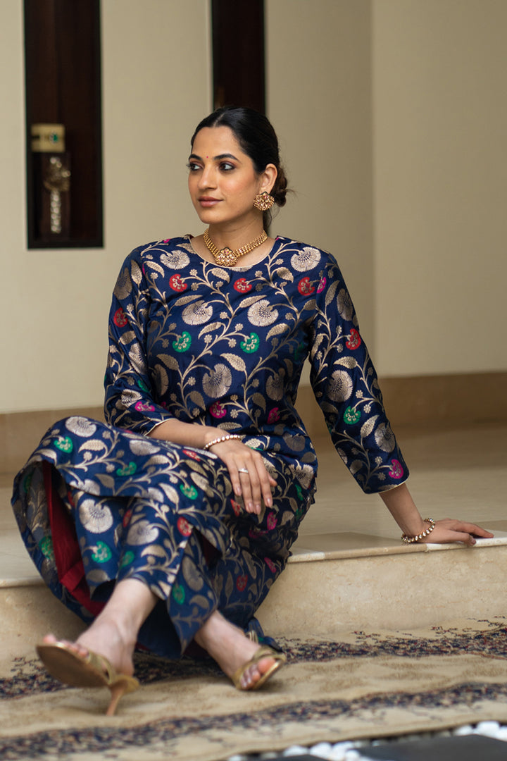 Blue Floral Jaal Brocade Kurta Set