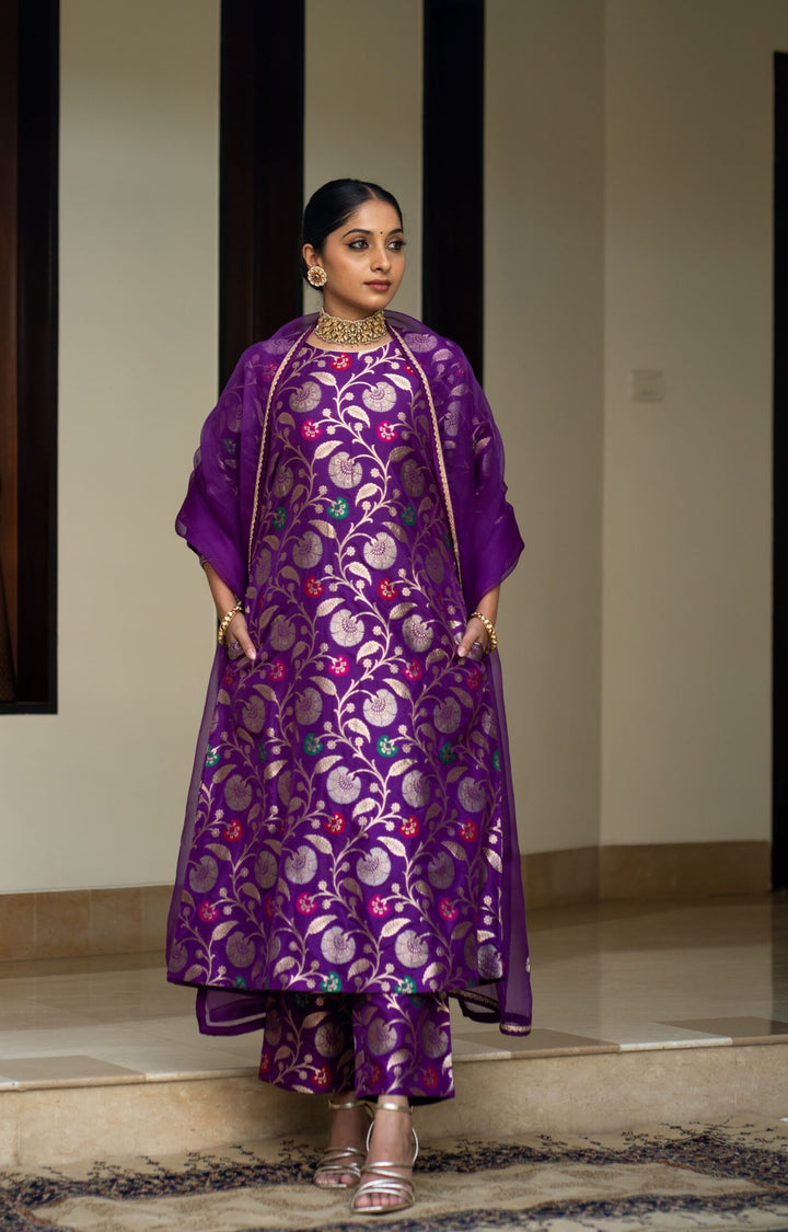 Purple Floral Jaal Brocade Kurta Set