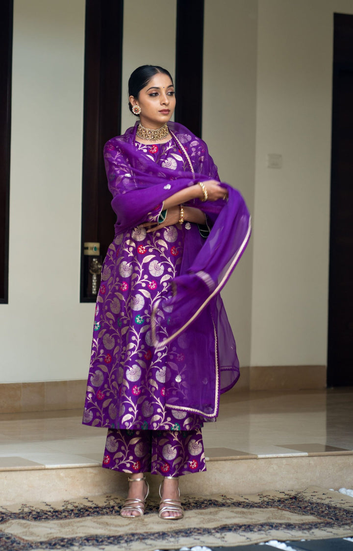 Purple Floral Jaal Brocade Kurta Set