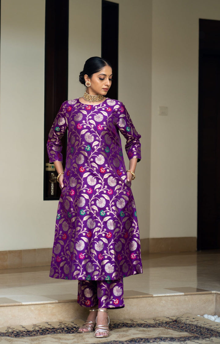 Purple Floral Jaal Brocade Kurta Set