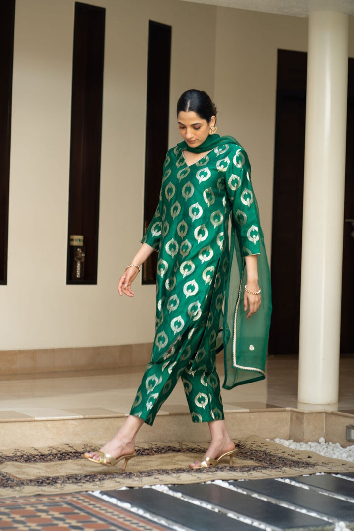 Green Brocade Kurta Set