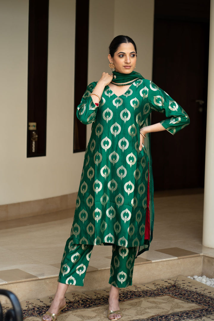 Green Brocade Kurta Set