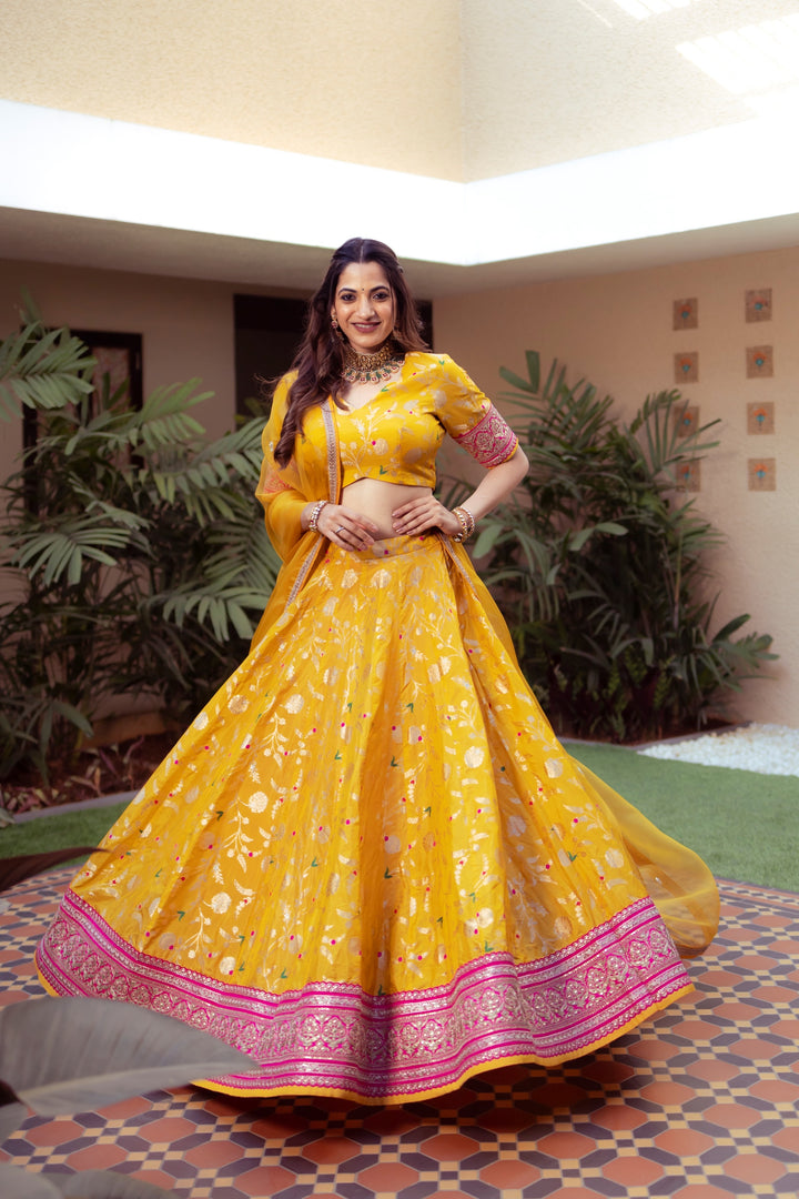 Yellow Brocade Jaal Lehenga Set