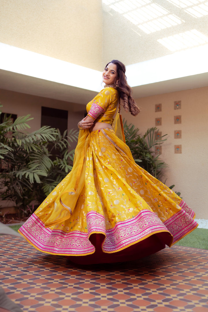 Yellow Brocade Jaal Lehenga Set