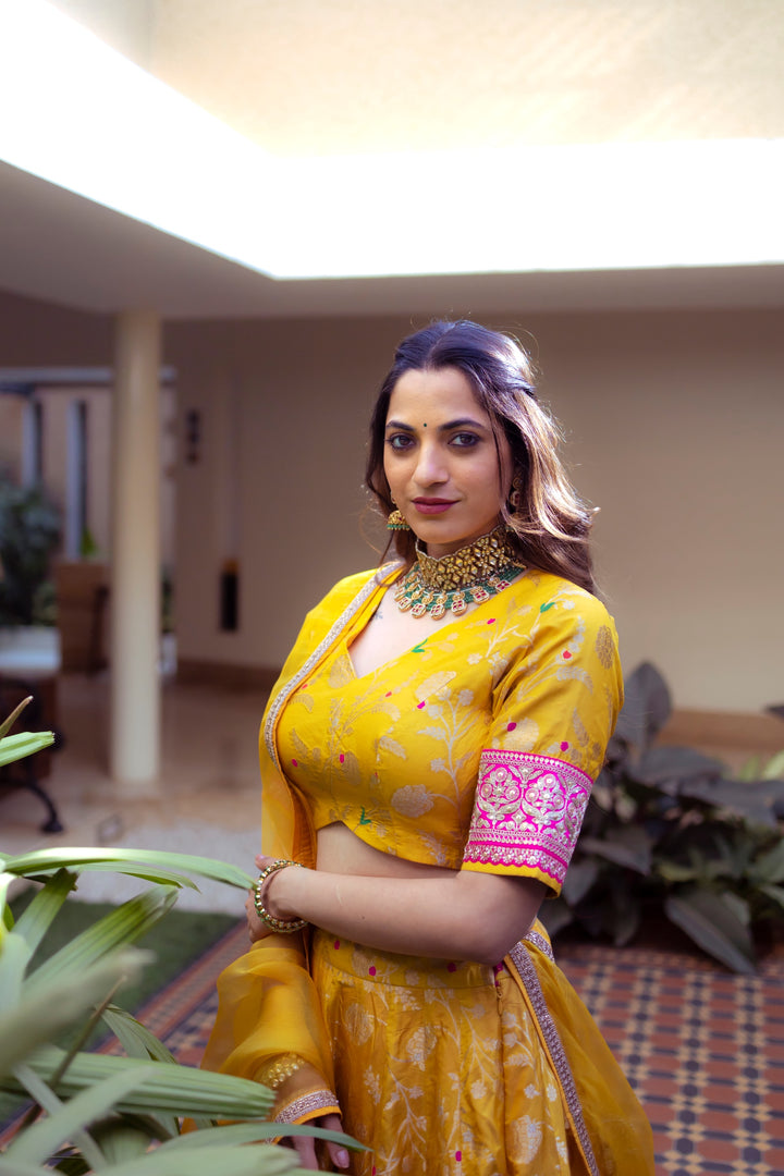 Yellow Brocade Jaal Lehenga Set